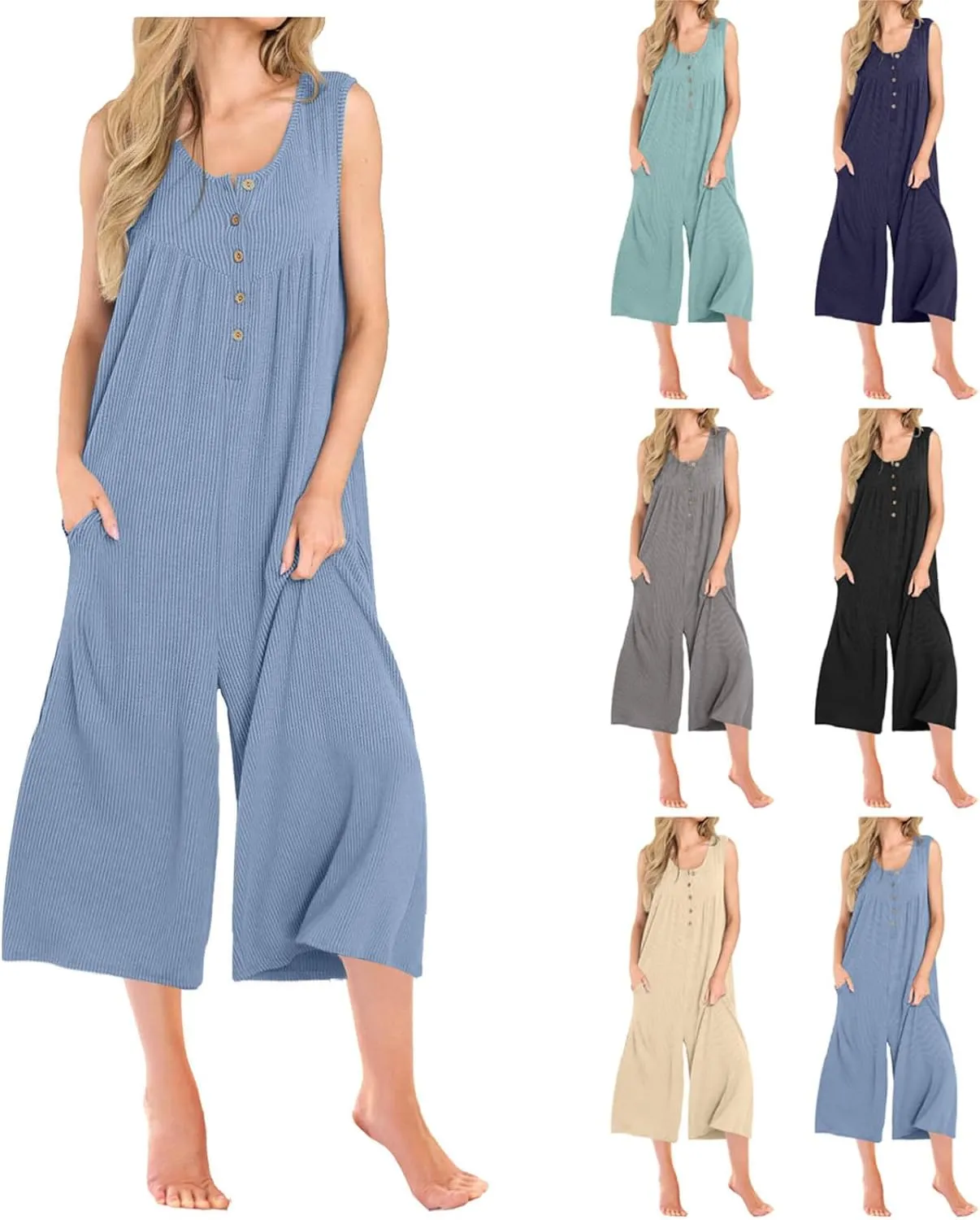 HGps8w Womens Ribbed Wide Leg Jumpsuits Casual Summer Sleeveless Button Up Pleated Loose Cropped Rompers with Pockets