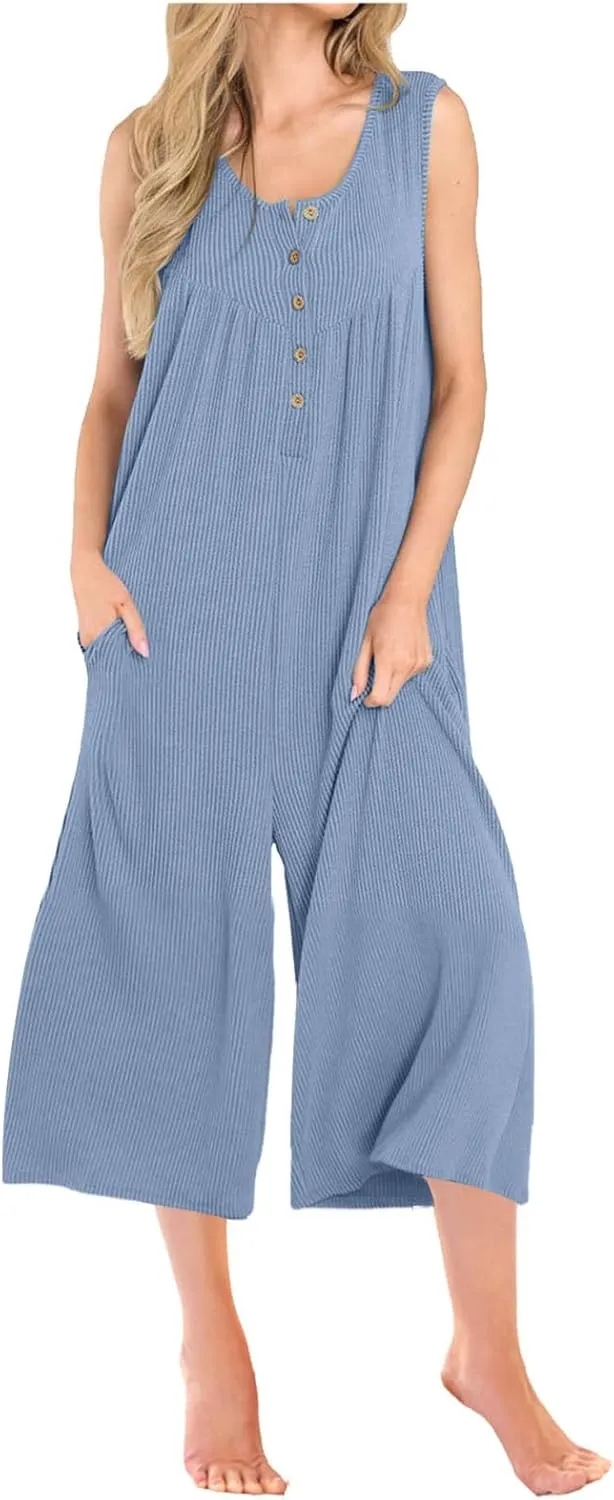 HGps8w Womens Ribbed Wide Leg Jumpsuits Casual Summer Sleeveless Button Up Pleated Loose Cropped Rompers with Pockets