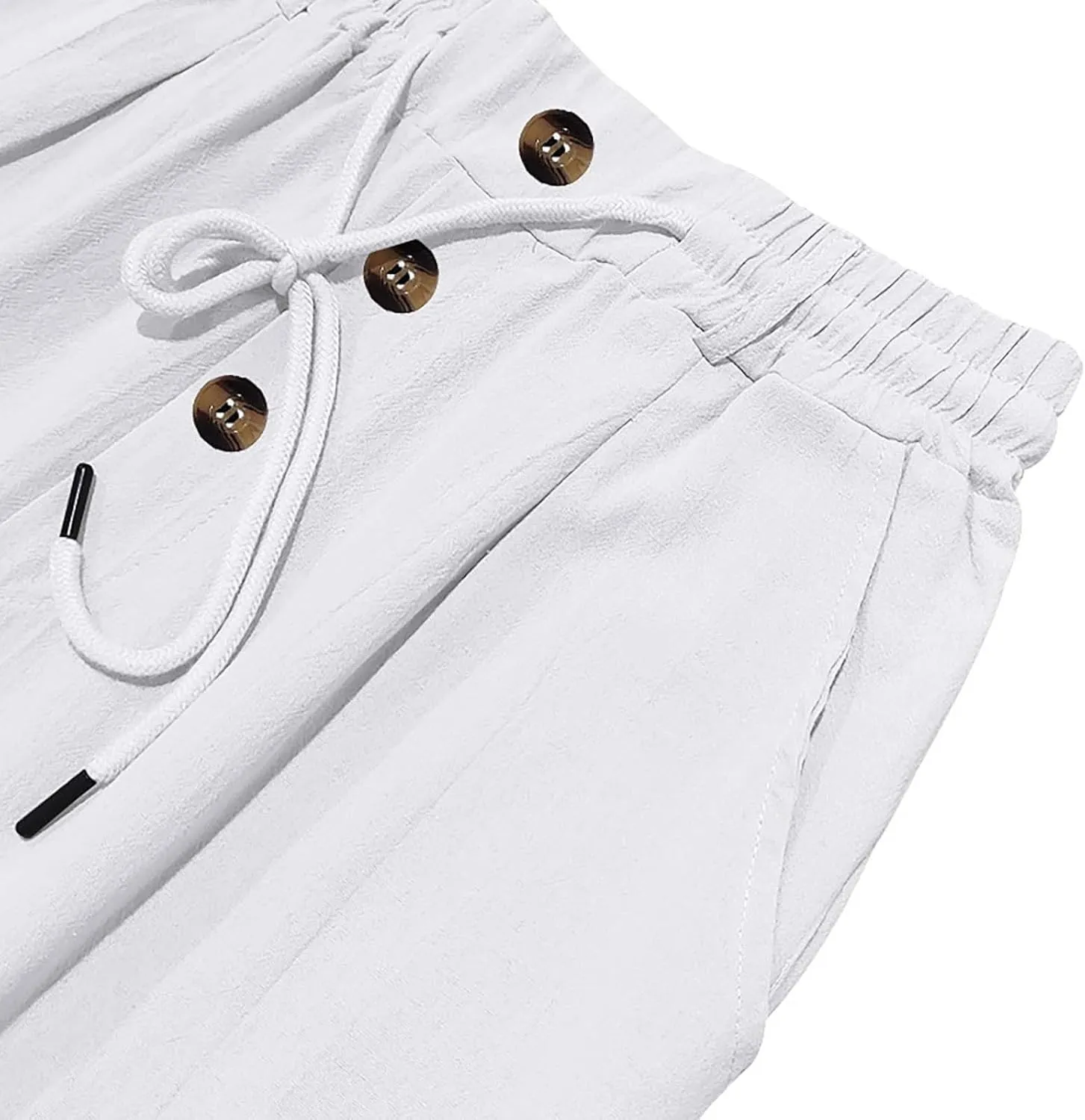 High Waist Wide Leg Linen Pants Casual Yoga Pants with Button Lightweight Breathable Baggy Drawstring Trousers