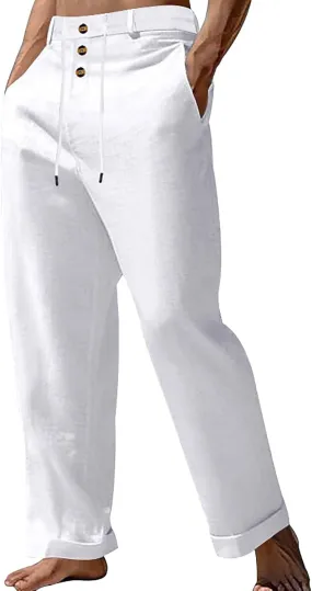 High Waist Wide Leg Linen Pants Casual Yoga Pants with Button Lightweight Breathable Baggy Drawstring Trousers