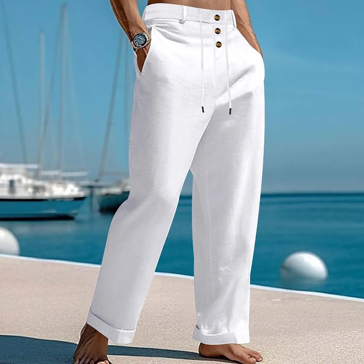 High Waist Wide Leg Linen Pants Casual Yoga Pants with Button Lightweight Breathable Baggy Drawstring Trousers
