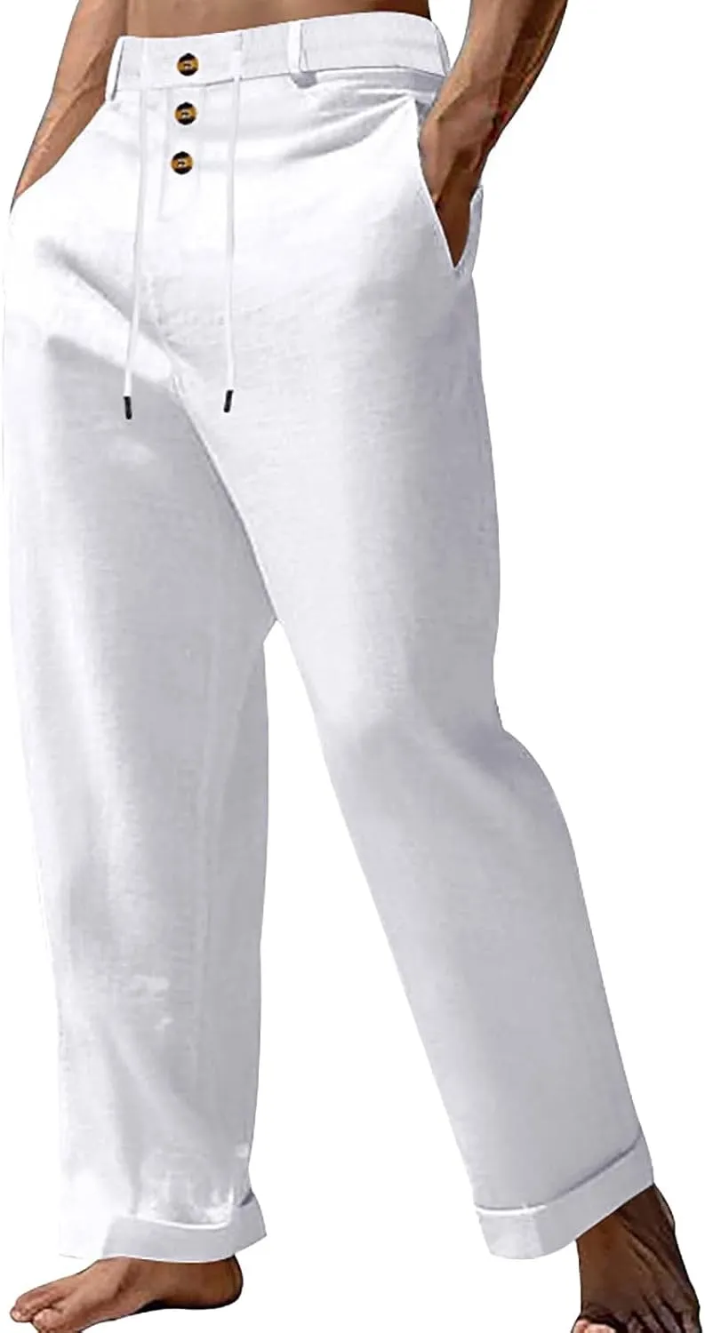 High Waist Wide Leg Linen Pants Casual Yoga Pants with Button Lightweight Breathable Baggy Drawstring Trousers