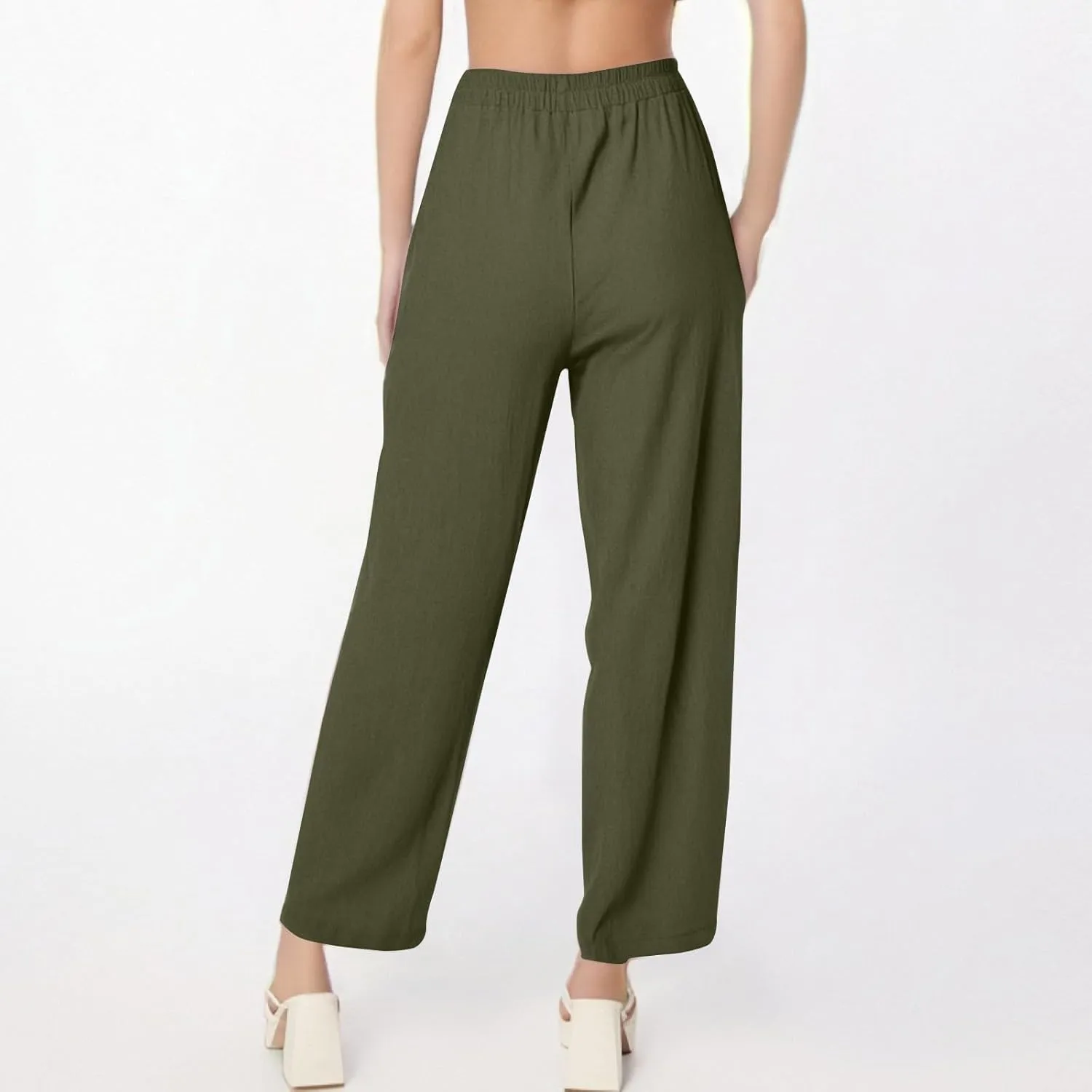 High Waisted Linen Pants Women Summer Wide Leg Pants Tummy Control Trousers Loose Palazzo Pant with Pockets (S-2Xl)