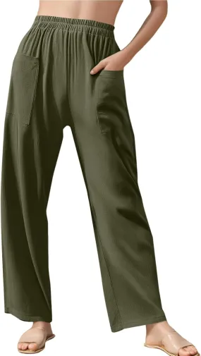 High Waisted Linen Pants Women Summer Wide Leg Pants Tummy Control Trousers Loose Palazzo Pant with Pockets (S-2Xl)