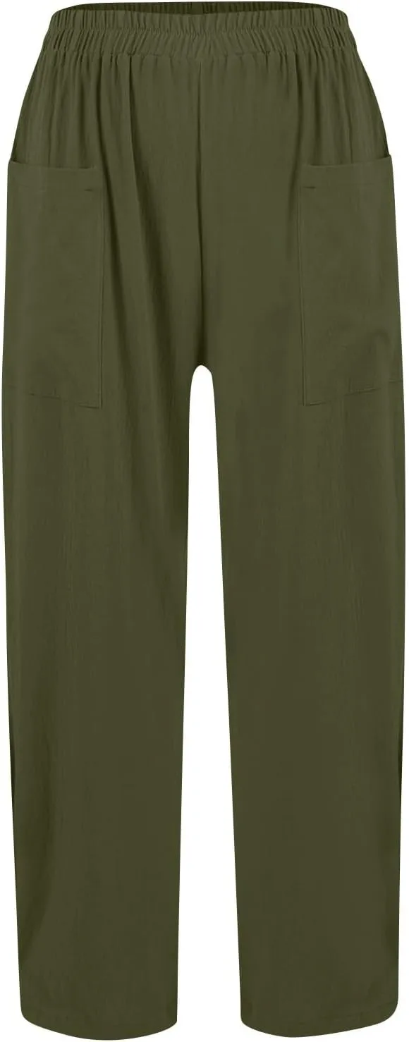 High Waisted Linen Pants Women Summer Wide Leg Pants Tummy Control Trousers Loose Palazzo Pant with Pockets (S-2Xl)