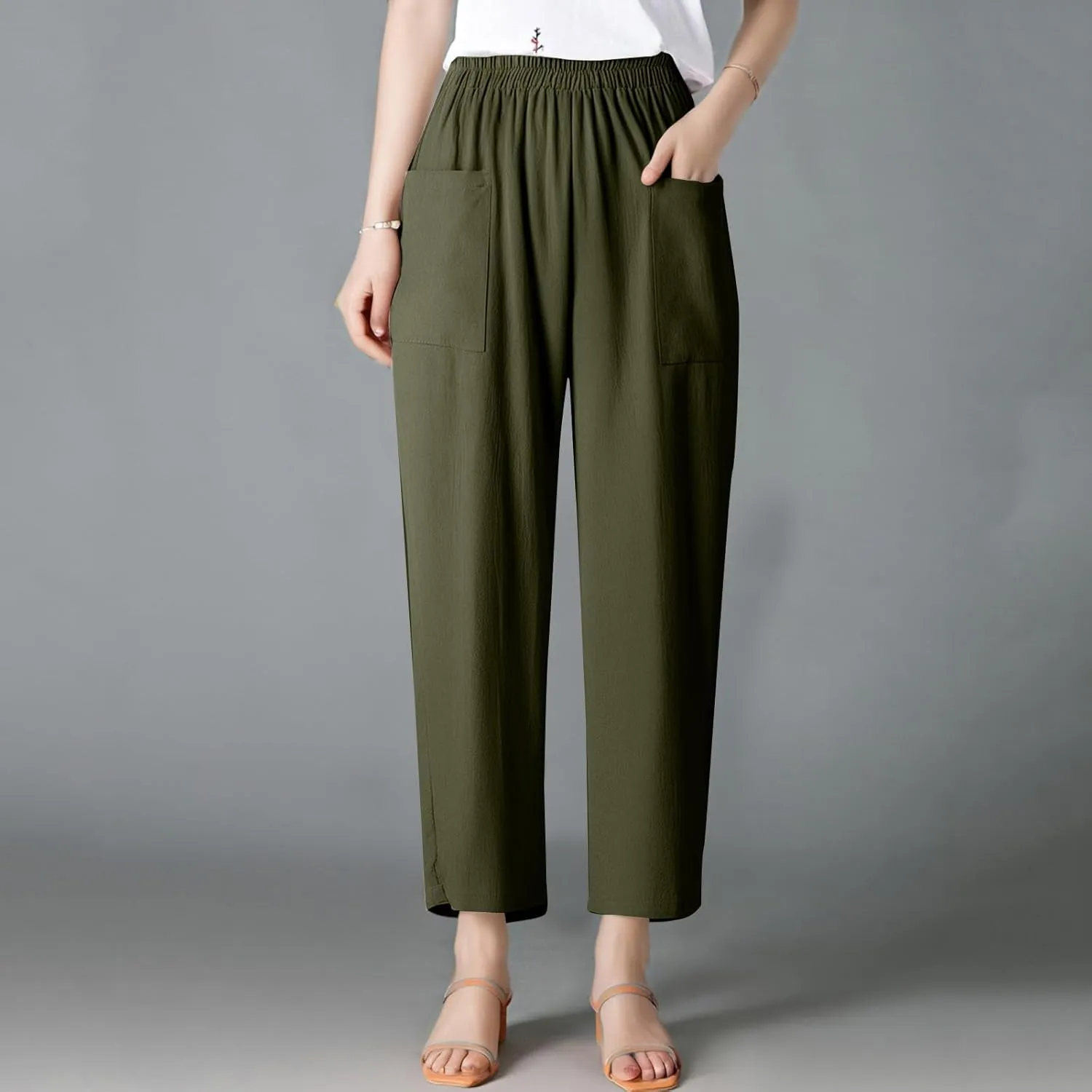 High Waisted Linen Pants Women Summer Wide Leg Pants Tummy Control Trousers Loose Palazzo Pant with Pockets (S-2Xl)