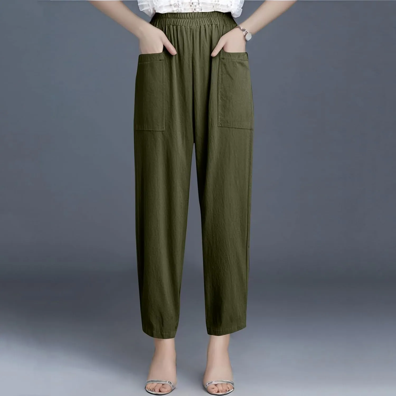 High Waisted Linen Pants Women Summer Wide Leg Pants Tummy Control Trousers Loose Palazzo Pant with Pockets (S-2Xl)