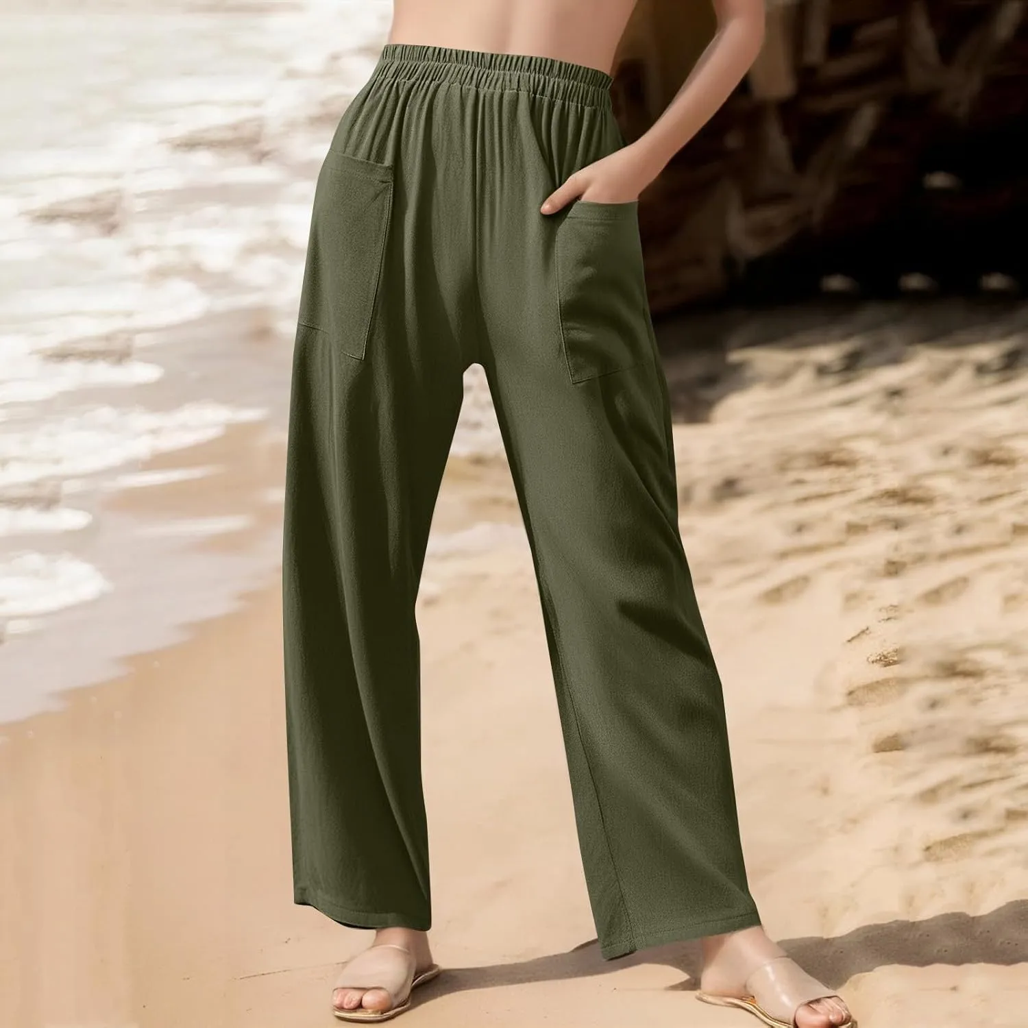 High Waisted Linen Pants Women Summer Wide Leg Pants Tummy Control Trousers Loose Palazzo Pant with Pockets (S-2Xl)