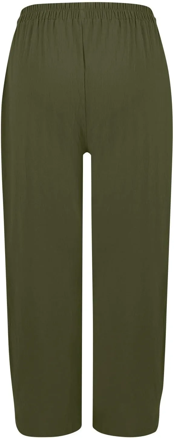 High Waisted Linen Pants Women Summer Wide Leg Pants Tummy Control Trousers Loose Palazzo Pant with Pockets (S-2Xl)