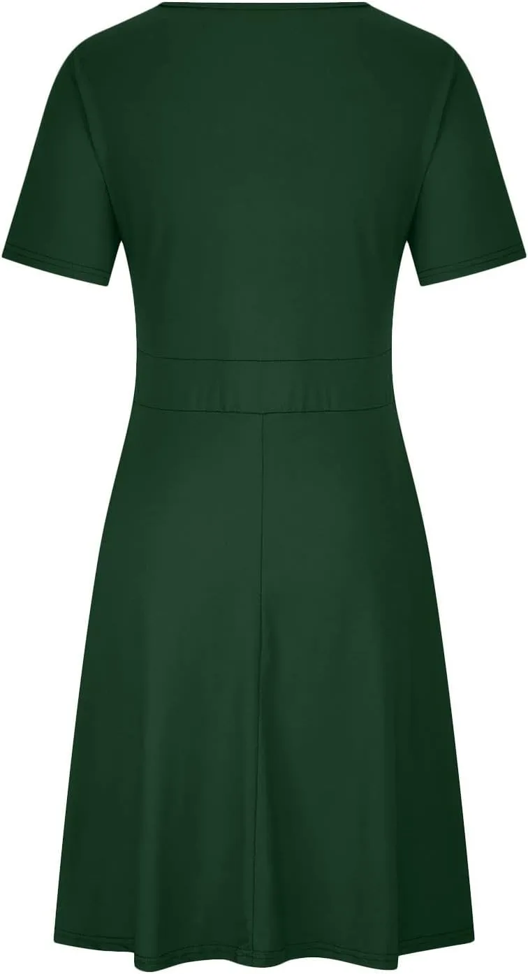 hlysgo Plus Size Dresses for Women Casual Slim Fit Wrap V Neck Short Sleeve Mini Dress Ladies A-Line Flowy Knee Length Dress