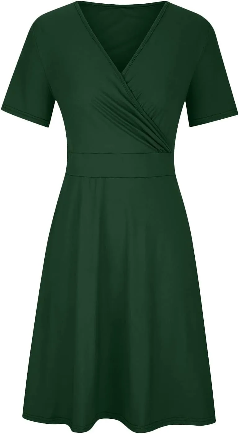 hlysgo Plus Size Dresses for Women Casual Slim Fit Wrap V Neck Short Sleeve Mini Dress Ladies A-Line Flowy Knee Length Dress