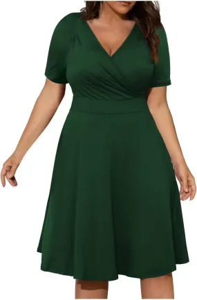 hlysgo Plus Size Dresses for Women Casual Slim Fit Wrap V Neck Short Sleeve Mini Dress Ladies A-Line Flowy Knee Length Dress