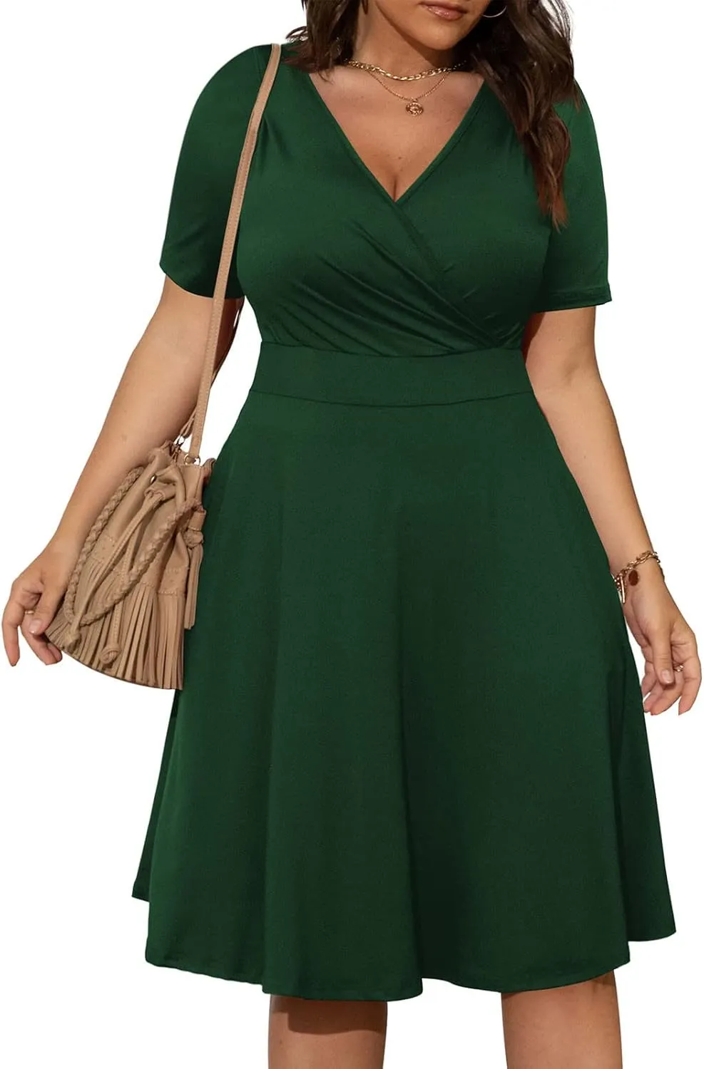 hlysgo Plus Size Dresses for Women Casual Slim Fit Wrap V Neck Short Sleeve Mini Dress Ladies A-Line Flowy Knee Length Dress