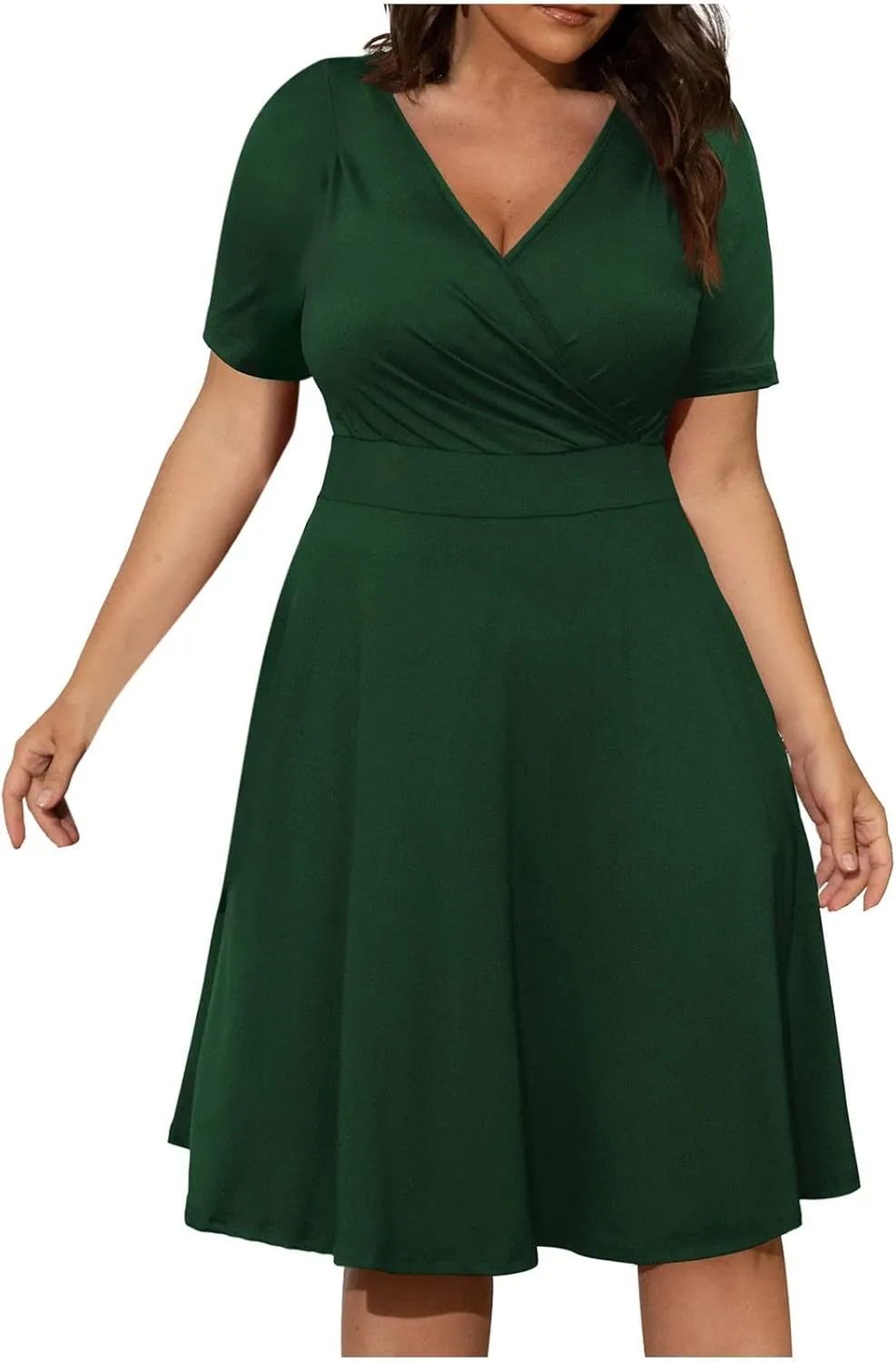 hlysgo Plus Size Dresses for Women Casual Slim Fit Wrap V Neck Short Sleeve Mini Dress Ladies A-Line Flowy Knee Length Dress
