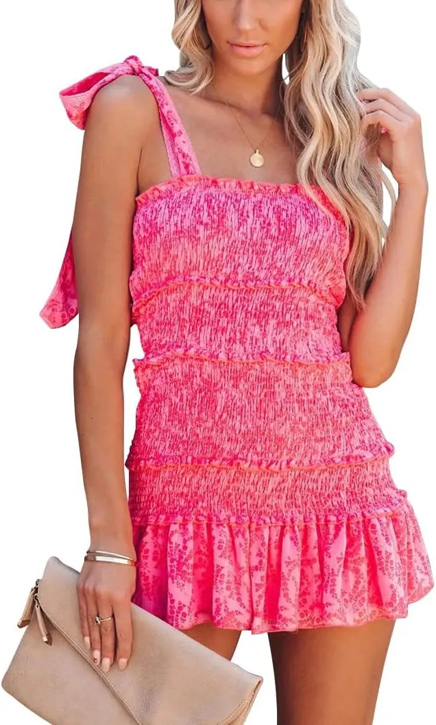 Hotmiss Womens Ruffle Smocked Mini Dress Sleeveless Floral Print Summer Tiered Tie Slim Fit Short Dresses