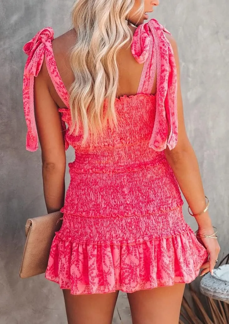 Hotmiss Womens Ruffle Smocked Mini Dress Sleeveless Floral Print Summer Tiered Tie Slim Fit Short Dresses