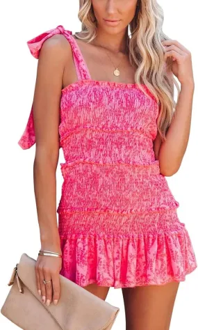 Hotmiss Womens Ruffle Smocked Mini Dress Sleeveless Floral Print Summer Tiered Tie Slim Fit Short Dresses