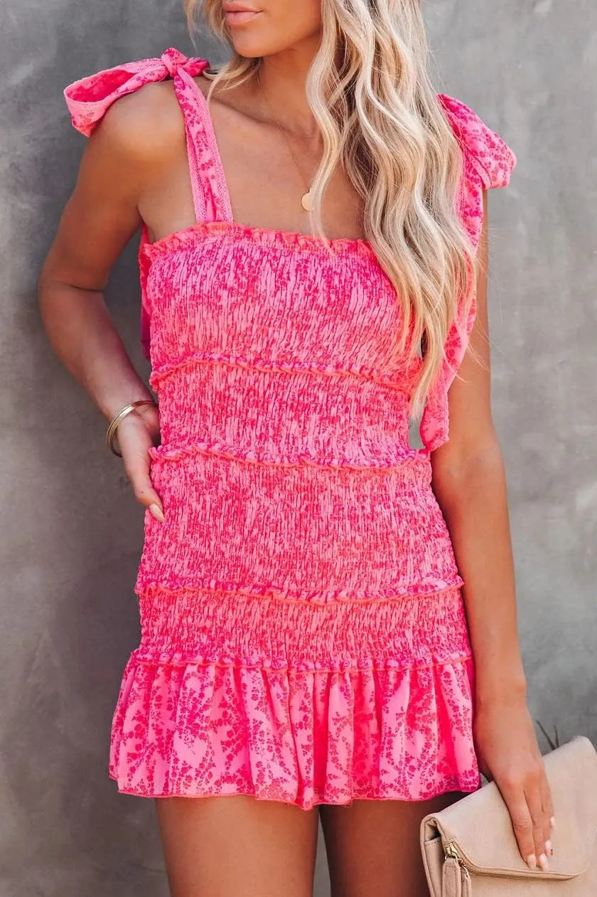 Hotmiss Womens Ruffle Smocked Mini Dress Sleeveless Floral Print Summer Tiered Tie Slim Fit Short Dresses