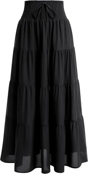 IWEMEK Women Boho Elastic Waist A Line Ruffle Beach Convertible Maxi Skirt Dress Tired Pleated Drawstring Chiffon Long Skirts