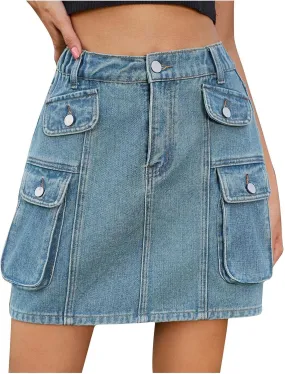 Jean Skirts for Women Denim Cargo Skirt High Waisted Mini Skirt Elastic Pencil Skirt Casual Summer Skirts with Pocket