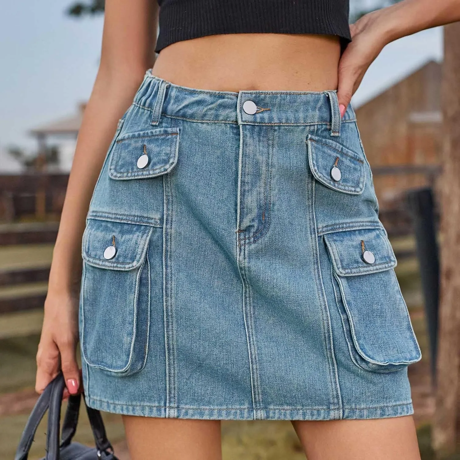 Jean Skirts for Women Denim Cargo Skirt High Waisted Mini Skirt Elastic Pencil Skirt Casual Summer Skirts with Pocket