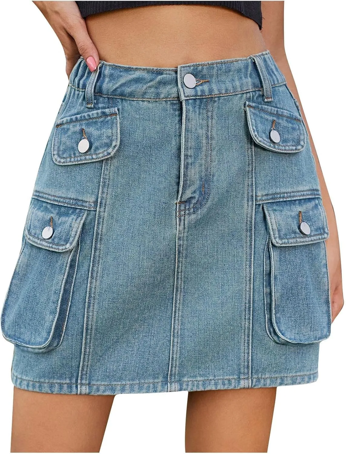 Jean Skirts for Women Denim Cargo Skirt High Waisted Mini Skirt Elastic Pencil Skirt Casual Summer Skirts with Pocket