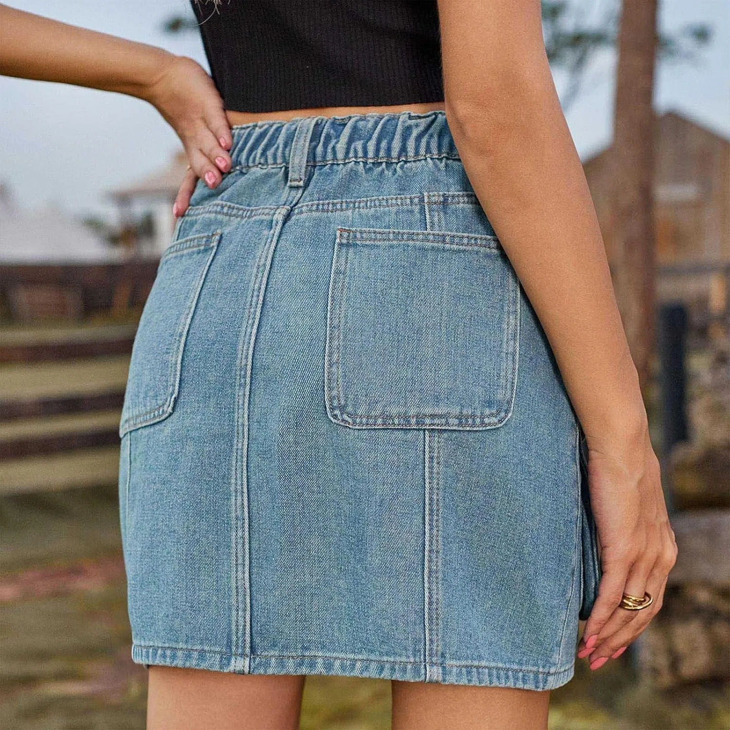 Jean Skirts for Women Denim Cargo Skirt High Waisted Mini Skirt Elastic Pencil Skirt Casual Summer Skirts with Pocket