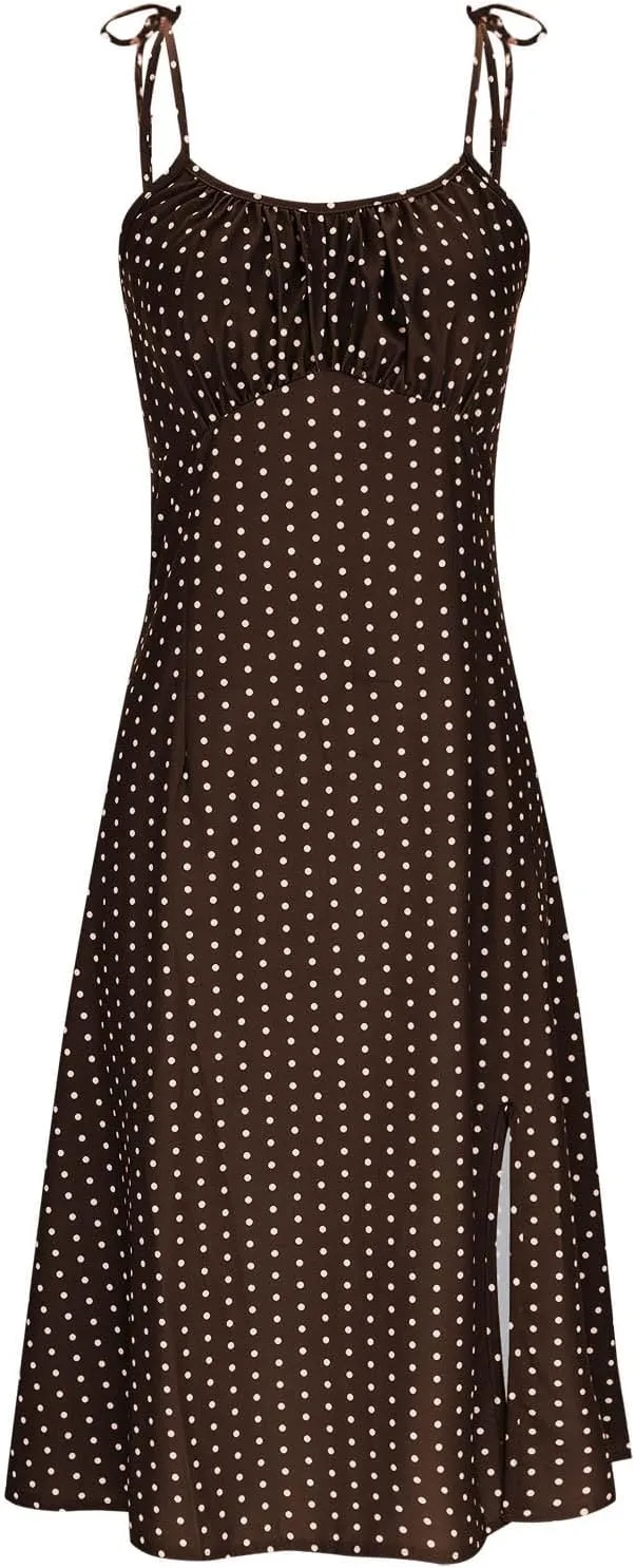JOAU Women's Polka Dot Sundresses Spaghetti Strap Summer Slim Fit Side Slit Midi Dress Sexy A Line Beach Vacation Dresses