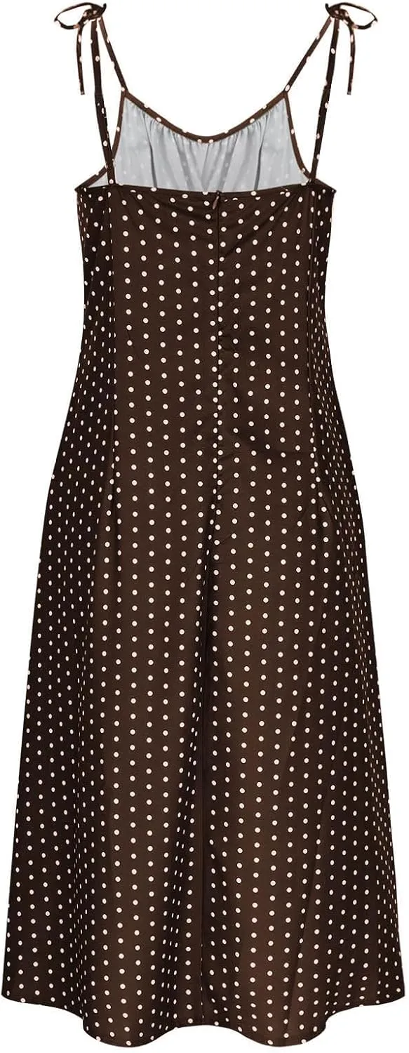 JOAU Women's Polka Dot Sundresses Spaghetti Strap Summer Slim Fit Side Slit Midi Dress Sexy A Line Beach Vacation Dresses