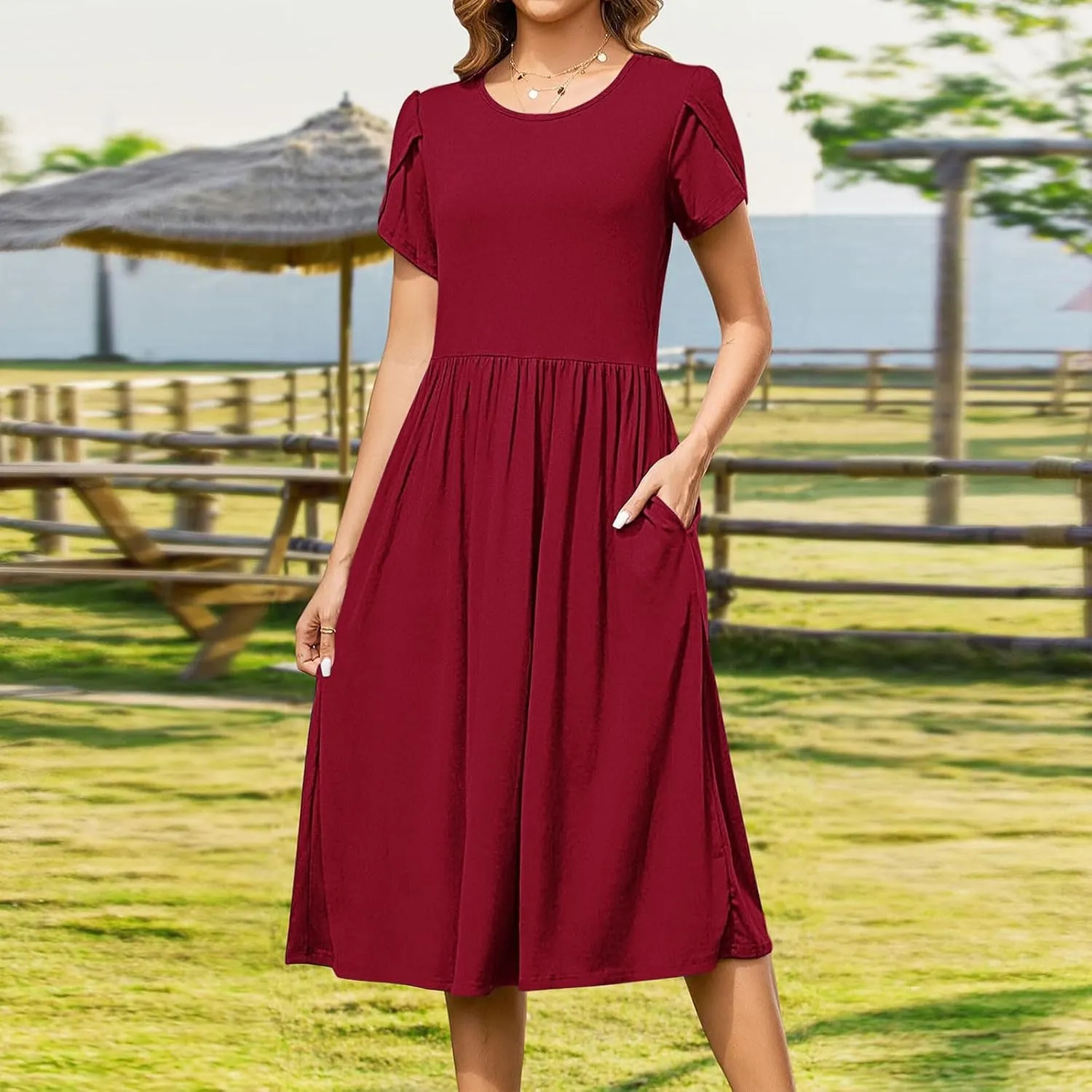 JOAU Women's Summer Boho Petal Sleeve Midi Dresses 2025 Casual Round Neck Flowy Pleated Beach Vacation Dress with Pockets