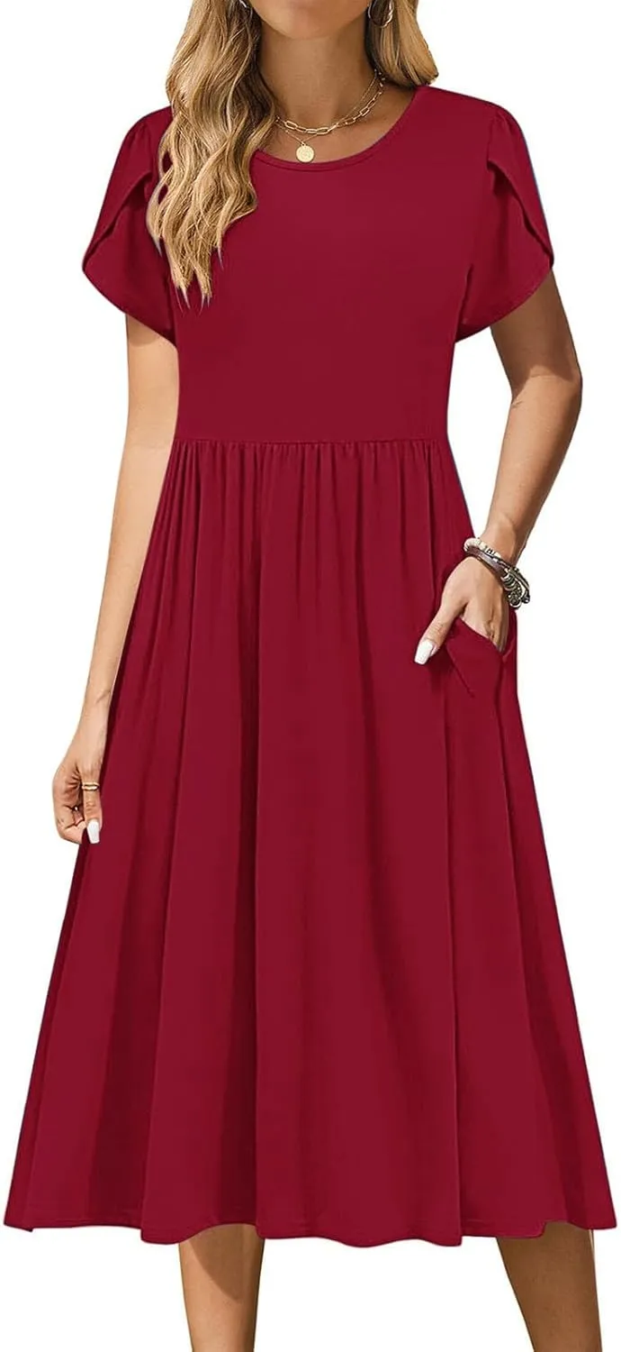 JOAU Women's Summer Boho Petal Sleeve Midi Dresses 2025 Casual Round Neck Flowy Pleated Beach Vacation Dress with Pockets