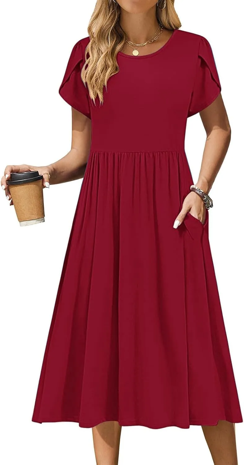 JOAU Women's Summer Boho Petal Sleeve Midi Dresses 2025 Casual Round Neck Flowy Pleated Beach Vacation Dress with Pockets