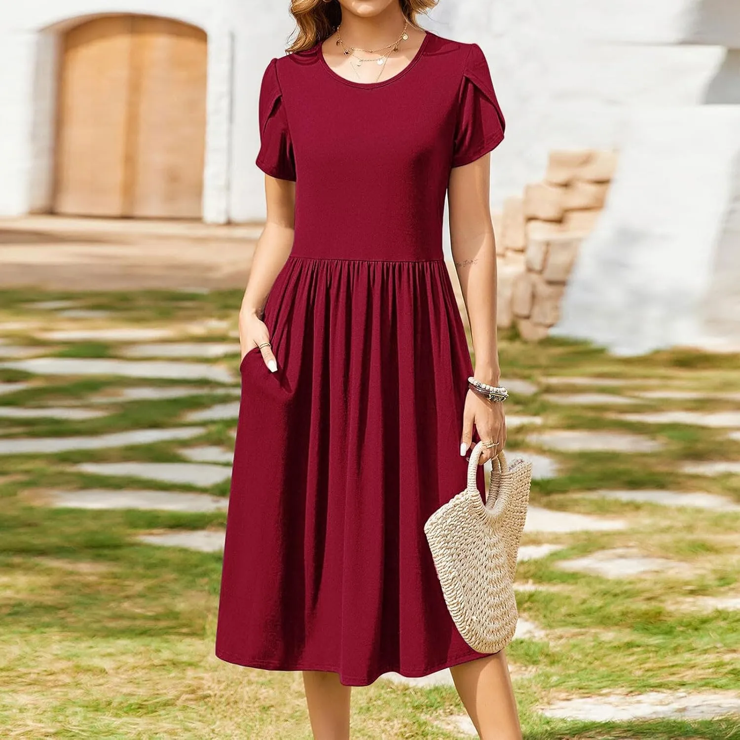 JOAU Women's Summer Boho Petal Sleeve Midi Dresses 2025 Casual Round Neck Flowy Pleated Beach Vacation Dress with Pockets