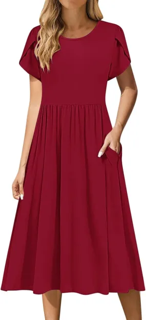 JOAU Women's Summer Boho Petal Sleeve Midi Dresses 2025 Casual Round Neck Flowy Pleated Beach Vacation Dress with Pockets