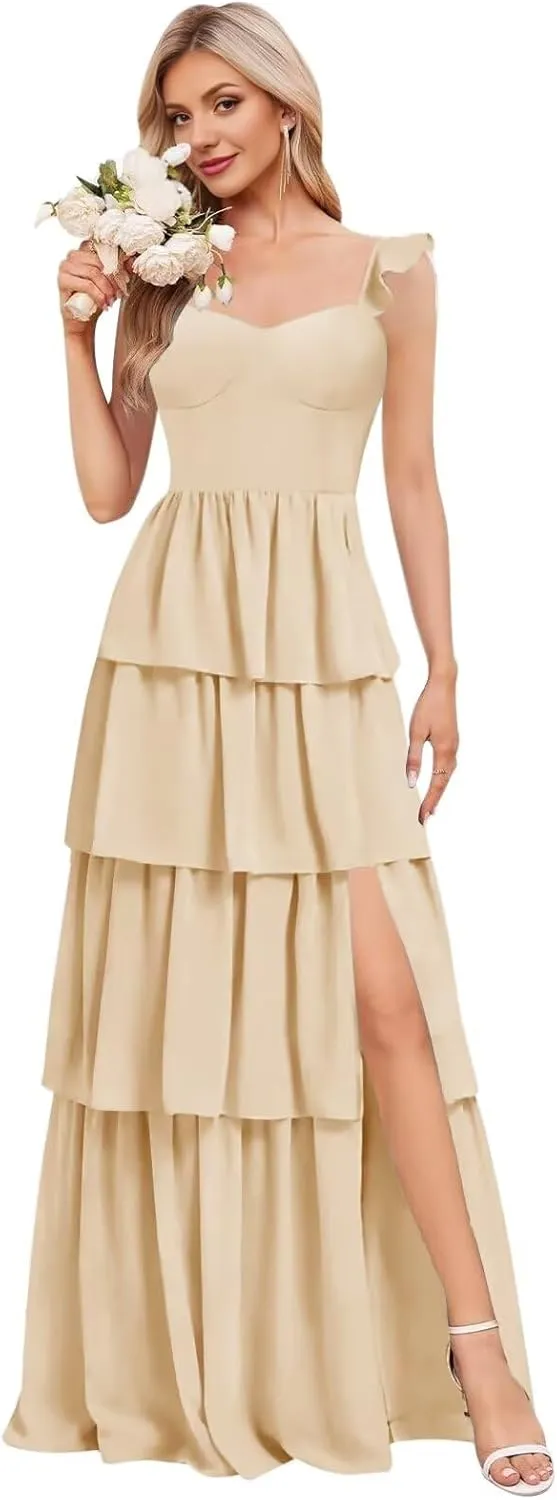 KDTM Tiered Ruffles Bridesmaid Dresses for Women A Line Chiffon Formal Evening Dress Long with Slit KD001
