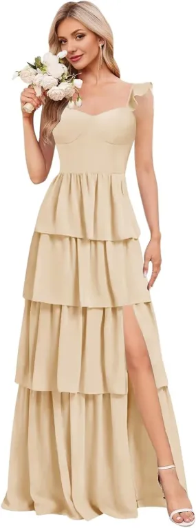 KDTM Tiered Ruffles Bridesmaid Dresses for Women A Line Chiffon Formal Evening Dress Long with Slit KD001