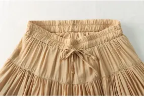 Khaki & Blue Drawstring Midi Long A-Line Skirt, Women's Elastic High Waist All-Match, Female Bandage Pleated