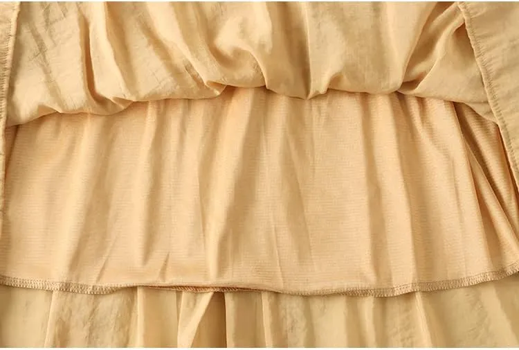 Khaki & Blue Drawstring Midi Long A-Line Skirt, Women's Elastic High Waist All-Match, Female Bandage Pleated