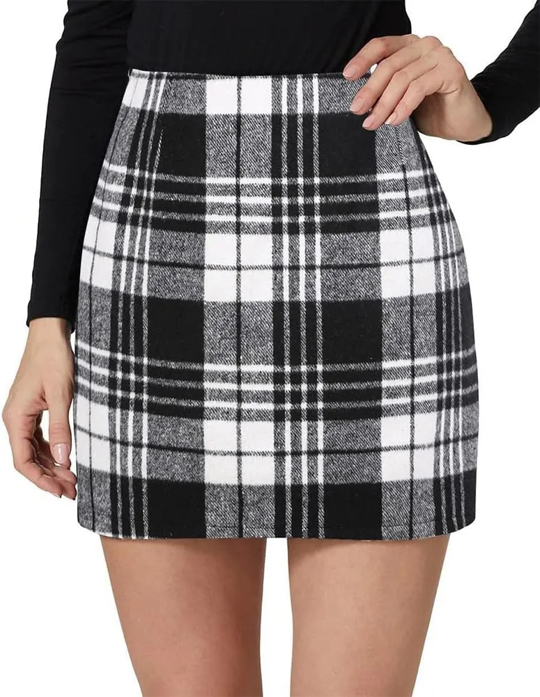 Kinghua Womens Wool Plaid Mini Skirt Fall Winter High Waisted Bodycon Pencil Skirt