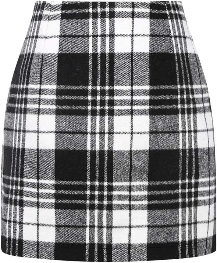 Kinghua Womens Wool Plaid Mini Skirt Fall Winter High Waisted Bodycon Pencil Skirt