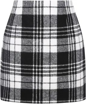 Kinghua Womens Wool Plaid Mini Skirt Fall Winter High Waisted Bodycon Pencil Skirt