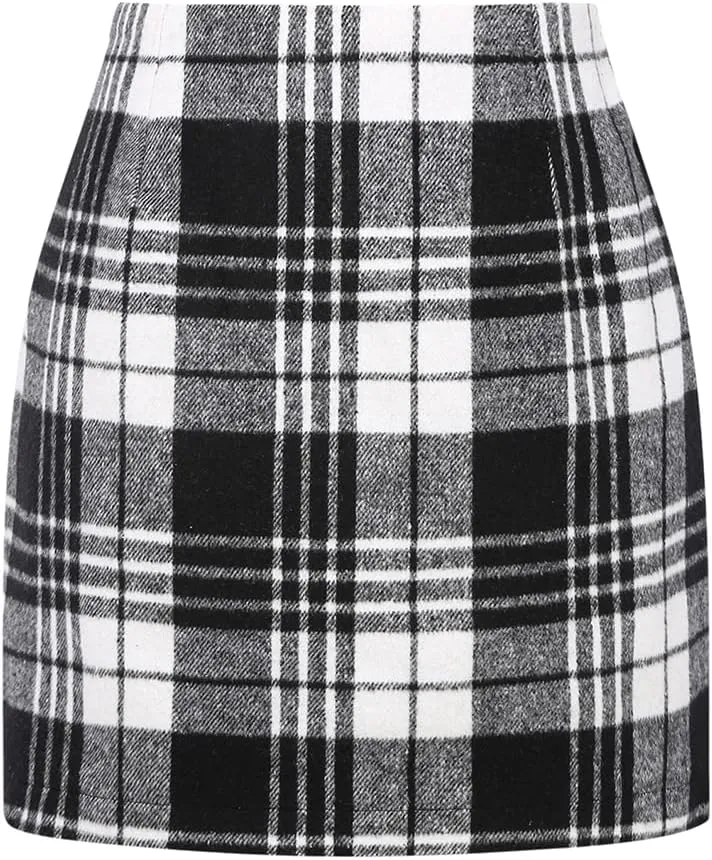 Kinghua Womens Wool Plaid Mini Skirt Fall Winter High Waisted Bodycon Pencil Skirt