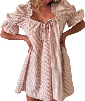 KMBANGI Women Cute Babydoll Dress Short Puff Sleeve Bow Tie Fairy Mini Dress Ruffle Boho Floral Short Slip Sundress
