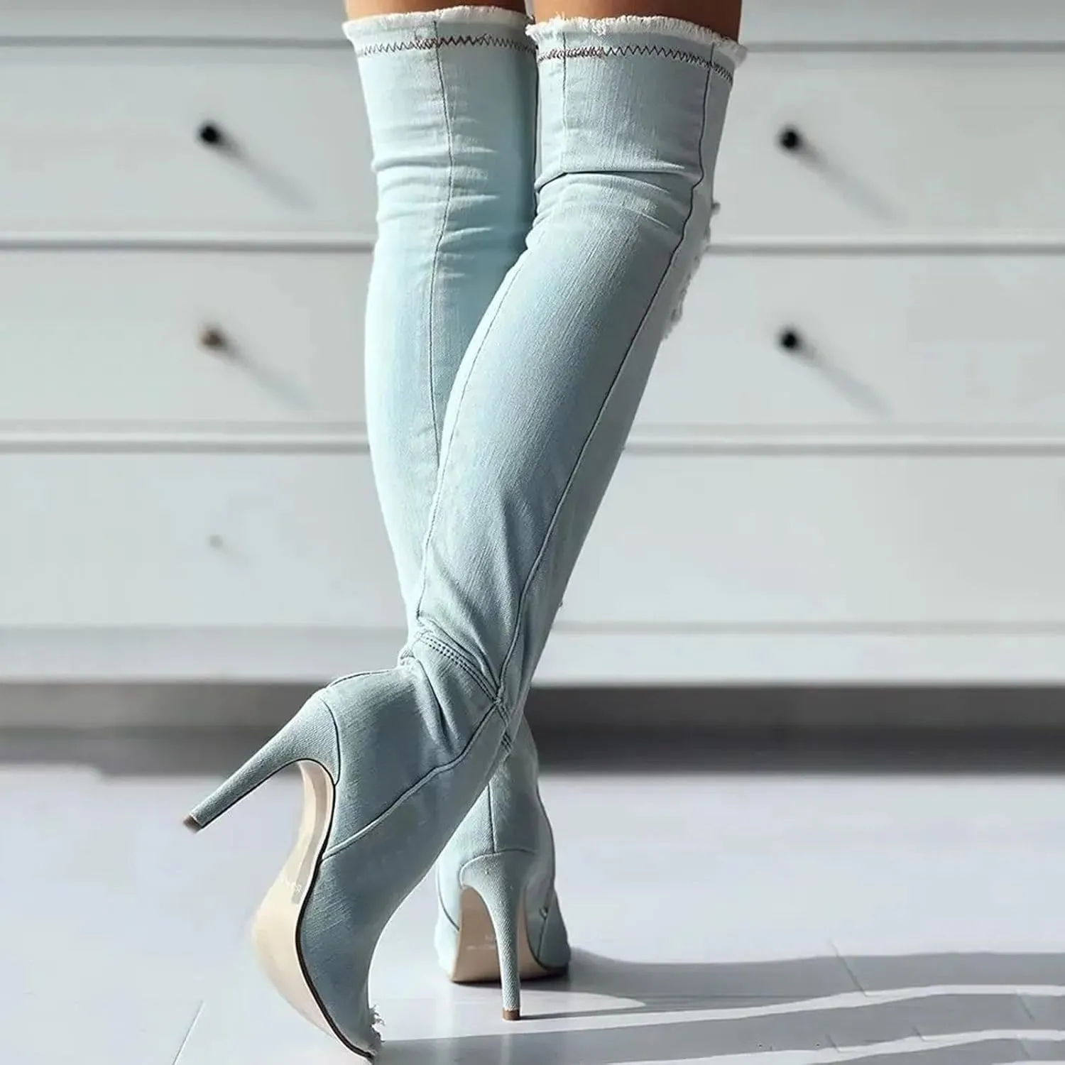 Knee High Boots Women Low Heel Winter Boots for Women Fashion Open Cowboy Knee High Boots Skinny Open Toe Shoes