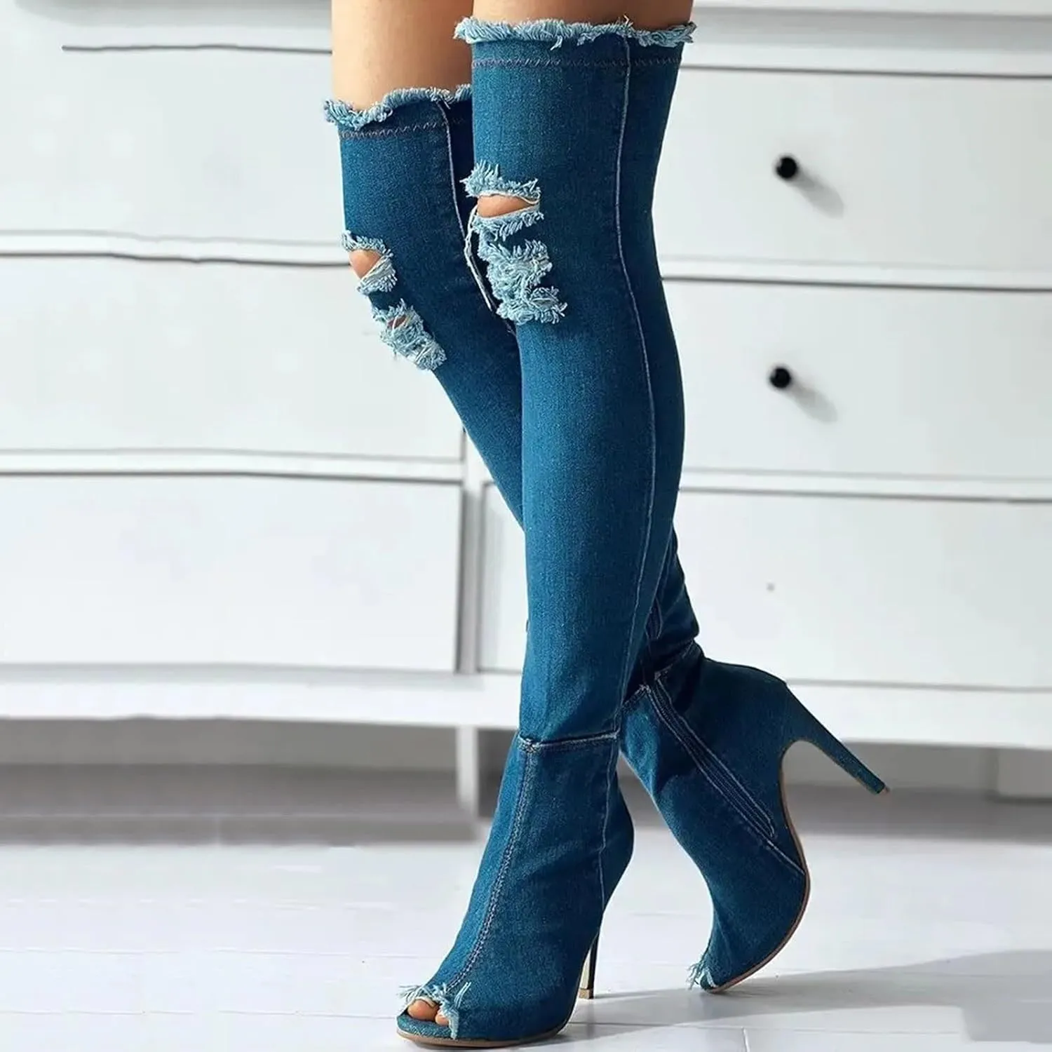 Knee High Boots Women Low Heel Winter Boots for Women Fashion Open Cowboy Knee High Boots Skinny Open Toe Shoes