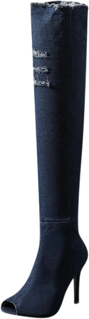 Knee High Boots Women Low Heel Winter Boots for Women Fashion Open Cowboy Knee High Boots Skinny Open Toe Shoes