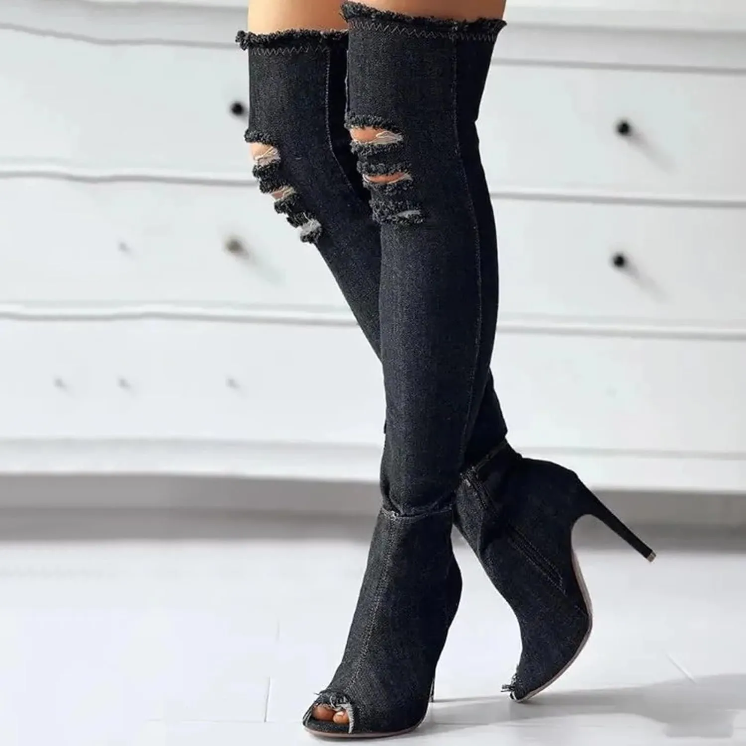 Knee High Boots Women Low Heel Winter Boots for Women Fashion Open Cowboy Knee High Boots Skinny Open Toe Shoes
