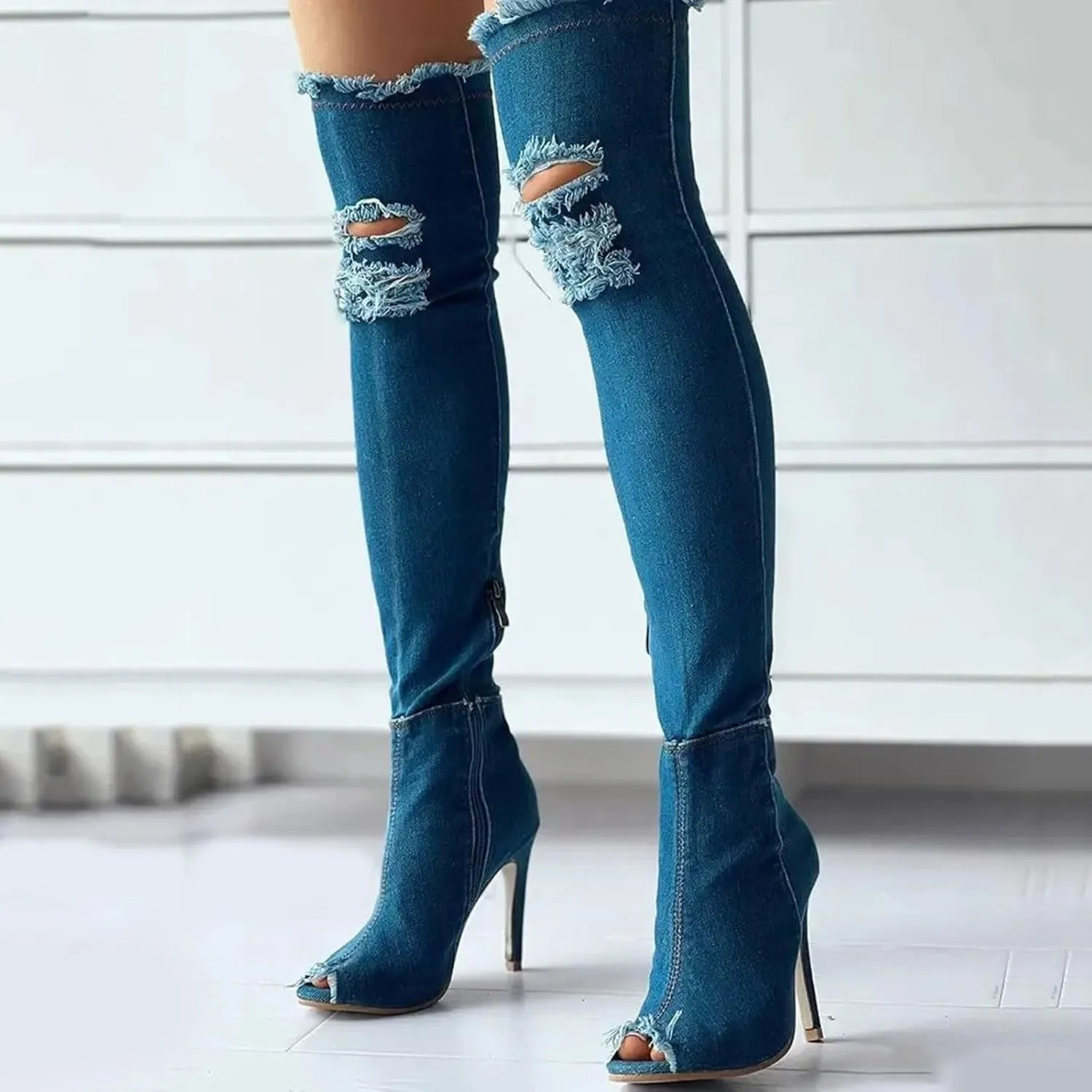 Knee High Boots Women Low Heel Winter Boots for Women Fashion Open Cowboy Knee High Boots Skinny Open Toe Shoes