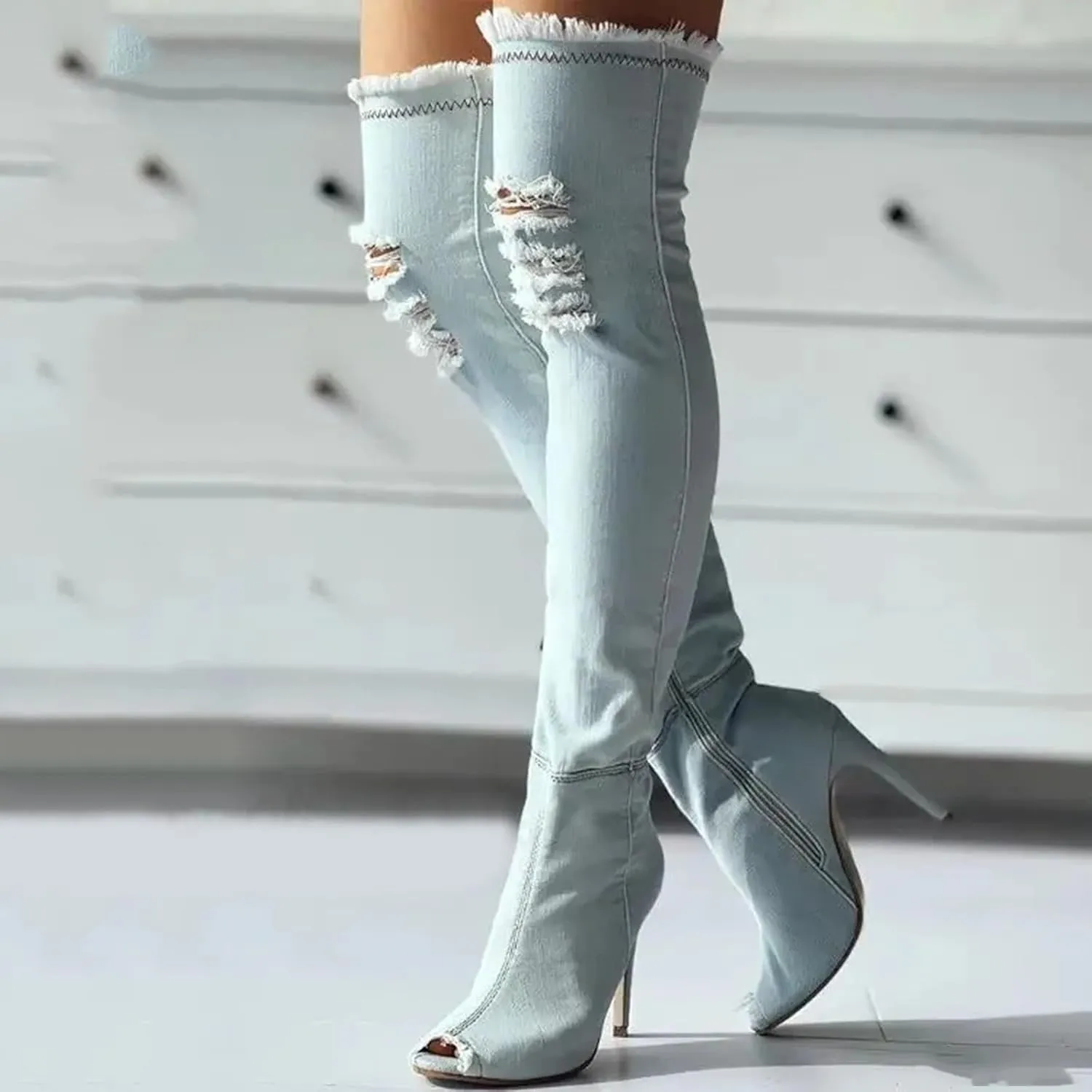 Knee High Boots Women Low Heel Winter Boots for Women Fashion Open Cowboy Knee High Boots Skinny Open Toe Shoes