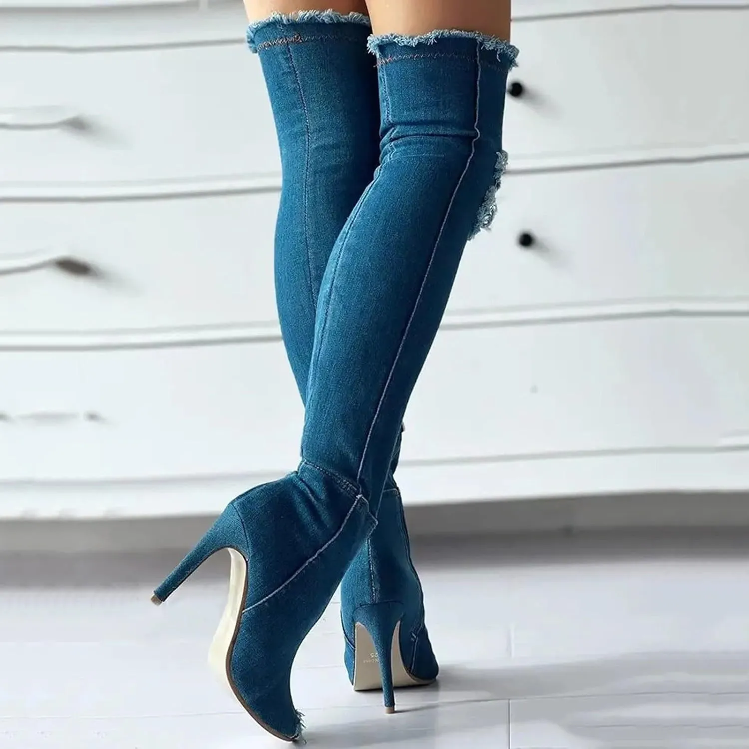 Knee High Boots Women Low Heel Winter Boots for Women Fashion Open Cowboy Knee High Boots Skinny Open Toe Shoes